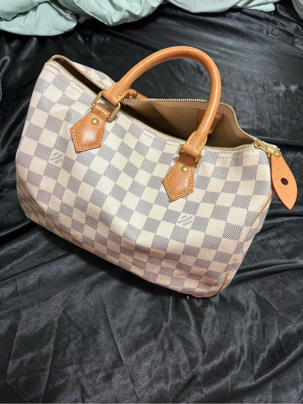 Louis Vuitton Damier Azur Mini Speedy Satchel in Cream and Tan Leather